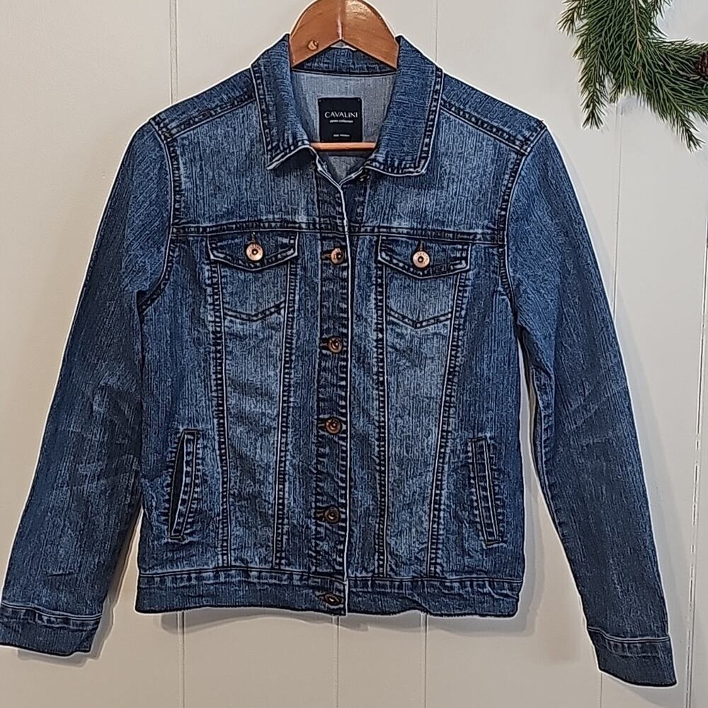 Cavalini Denim Bomber Jacket Womens Med Fitted Moto Distressed Utility Trucker